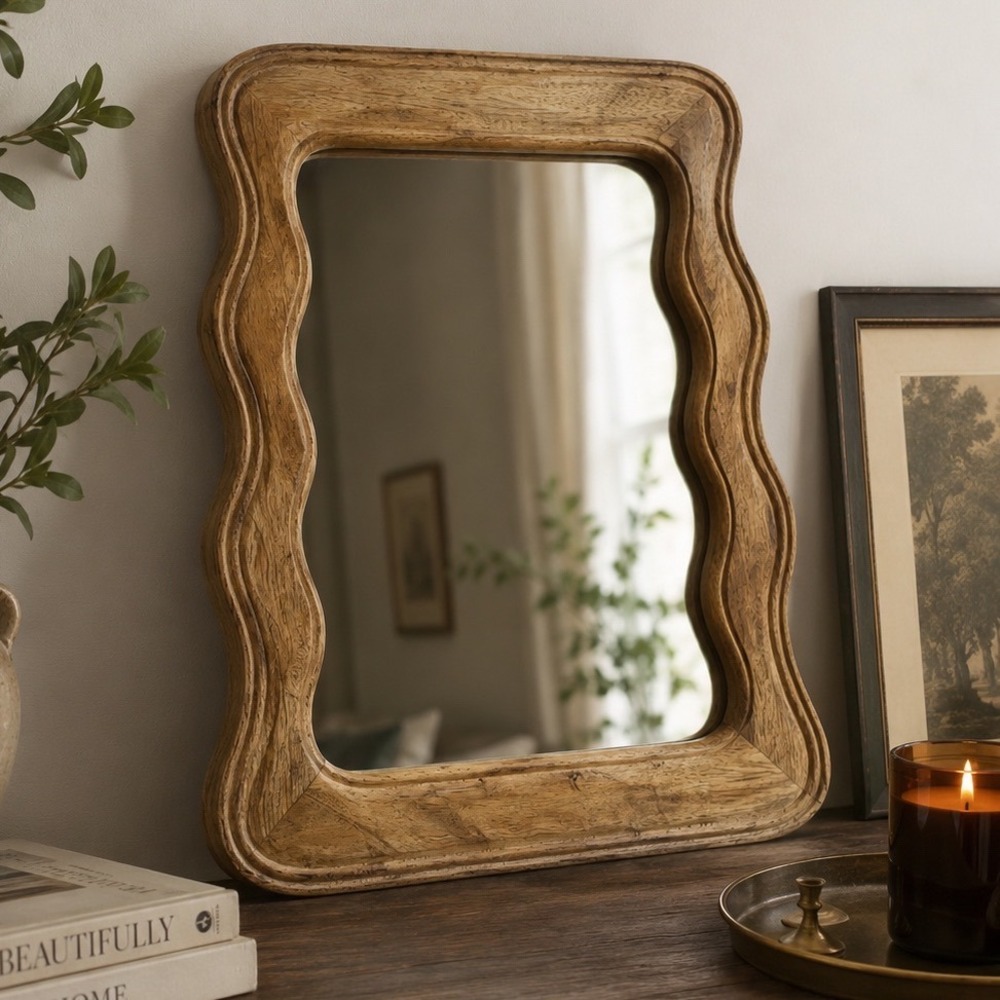 Wavy Wood Mirror Mango Wood Scalloped Brown Tabletop 12x10 Boho Cottage Decor